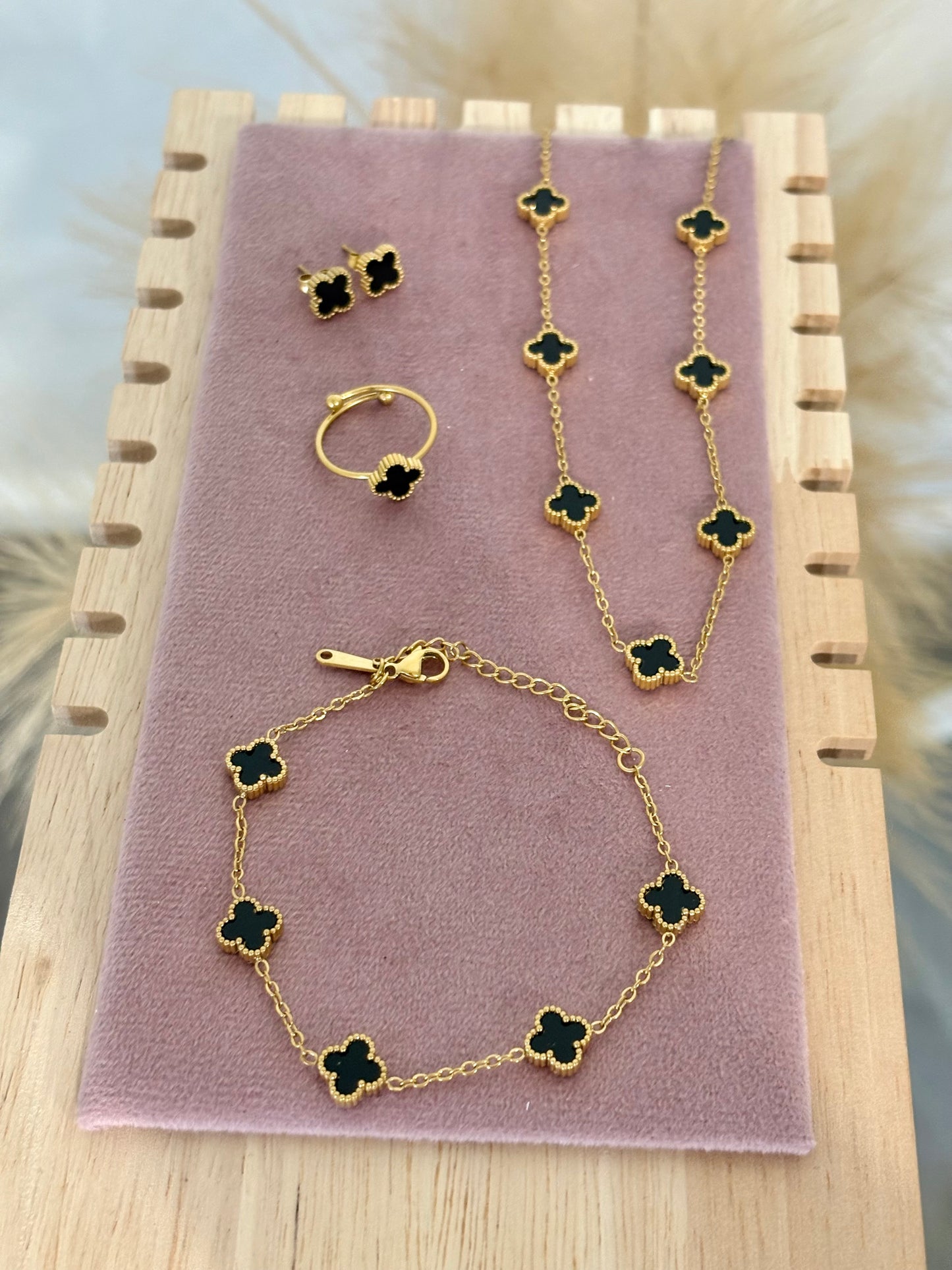 Classic Black Baby Clover Stainless Steel Jewelry Set: Necklace, Earrings, Bracelet, Ring