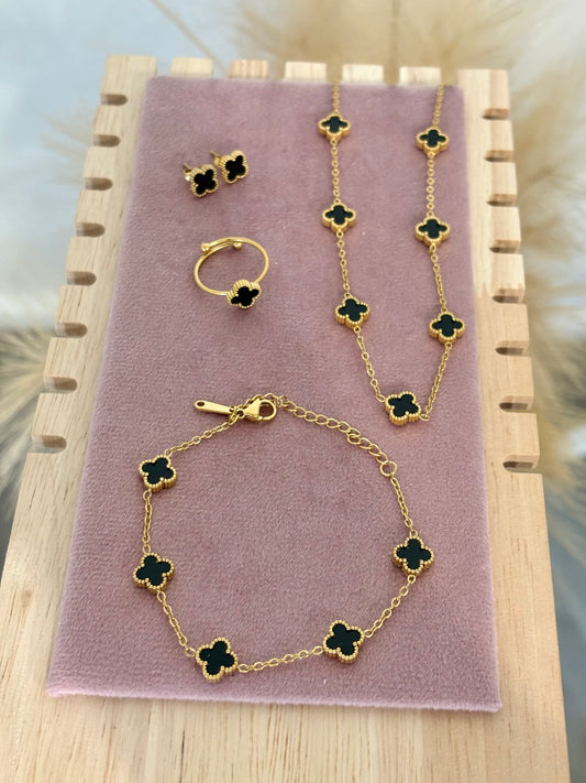 Classic Black Baby Clover Stainless Steel Jewelry Set: Necklace, Earrings, Bracelet, Ring