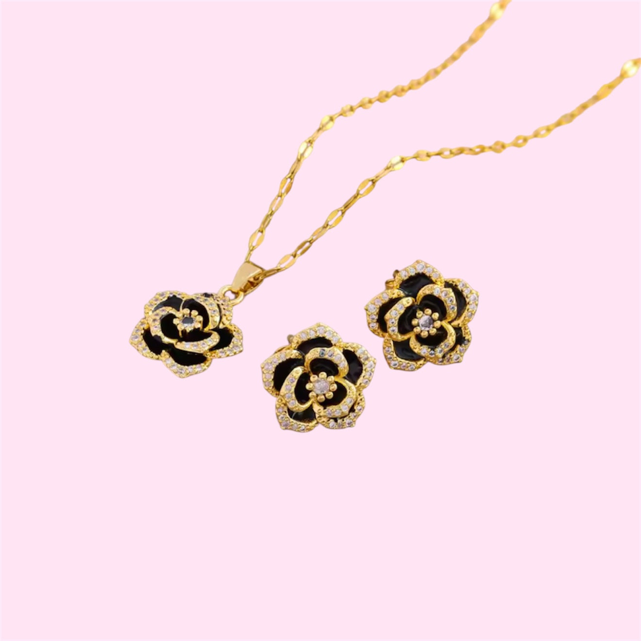 Golden Black Flower Necklace & Earrings Set Stainless Steel