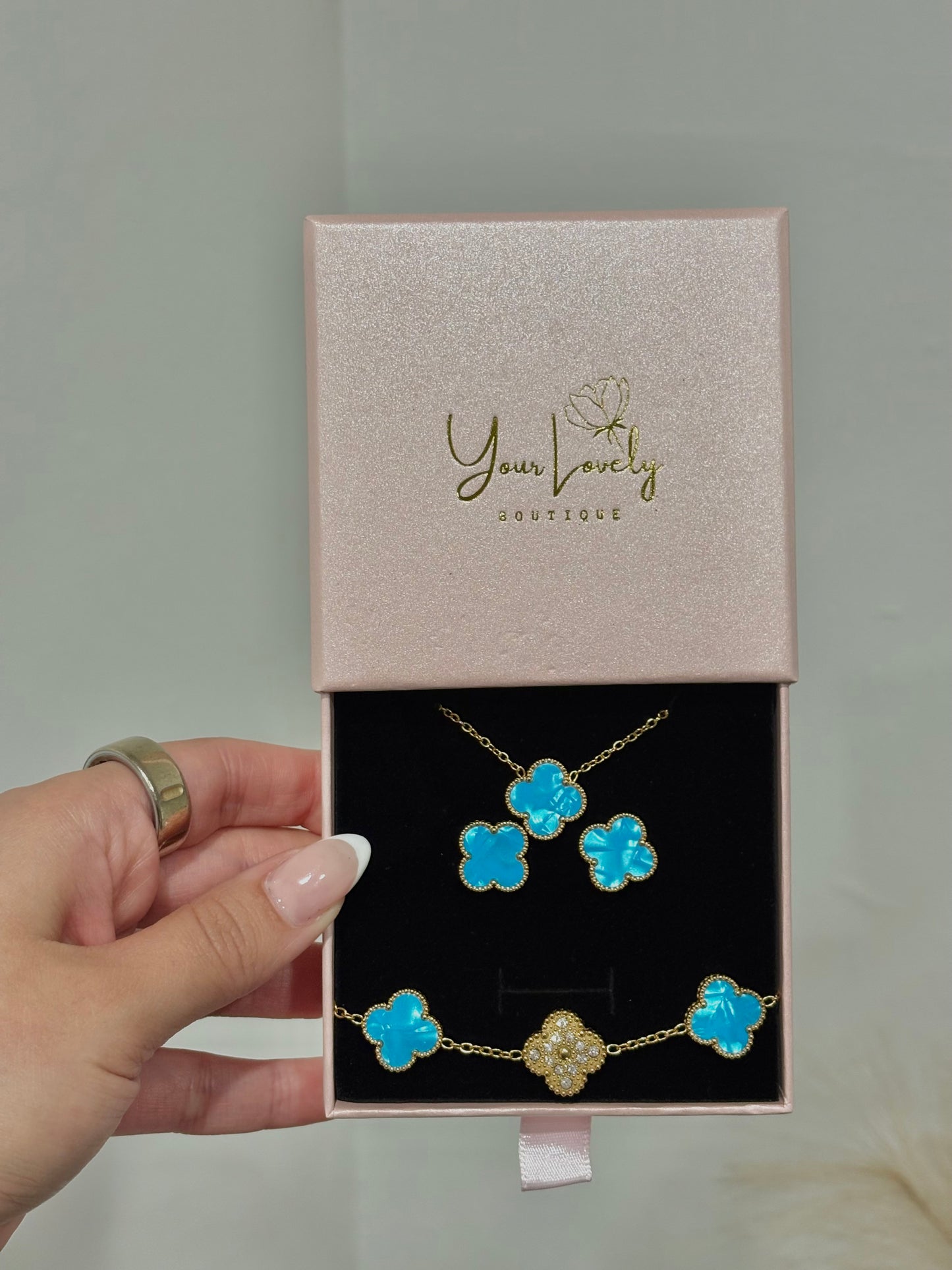 Ocean Blue Enamel & Gold Clover Stainless Steel Jewelry Set: Necklace, Earrings, Bracelet