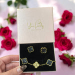 Load image into Gallery viewer, Black and Gold Clover Stainless Steel Jewelry Set: Necklace, Earrings, Bracelet
