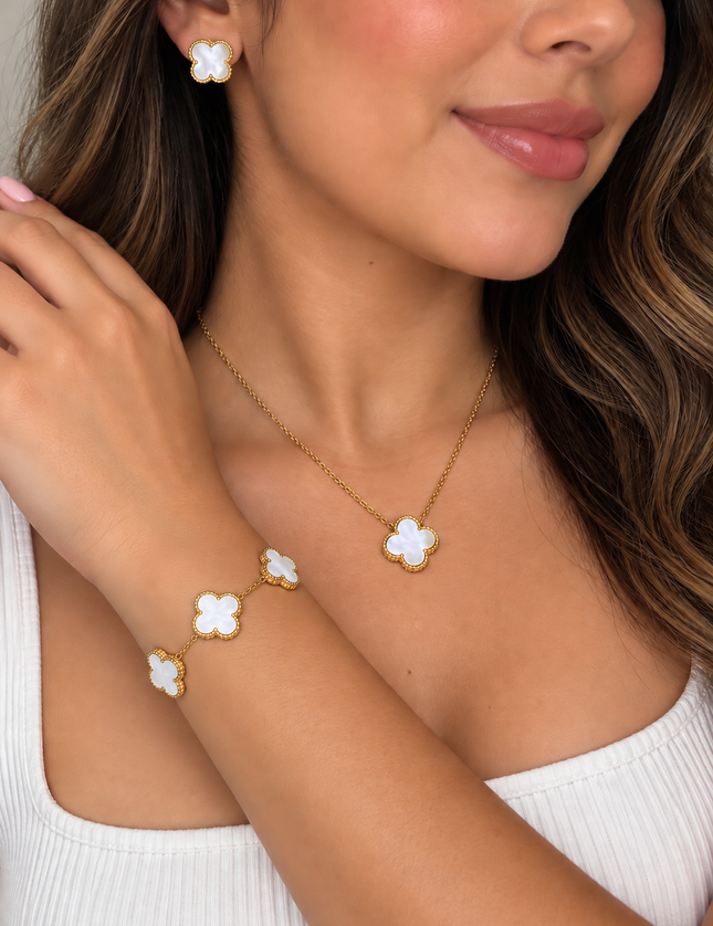 Mother Of Pearl White Clover Stainless Steel Jewelry Set: Necklace, Earrings, Bracelet