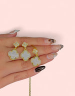 Load image into Gallery viewer, Luxe Clover Zicron Stainless Steel Necklace and Earrings Set: Black and White
