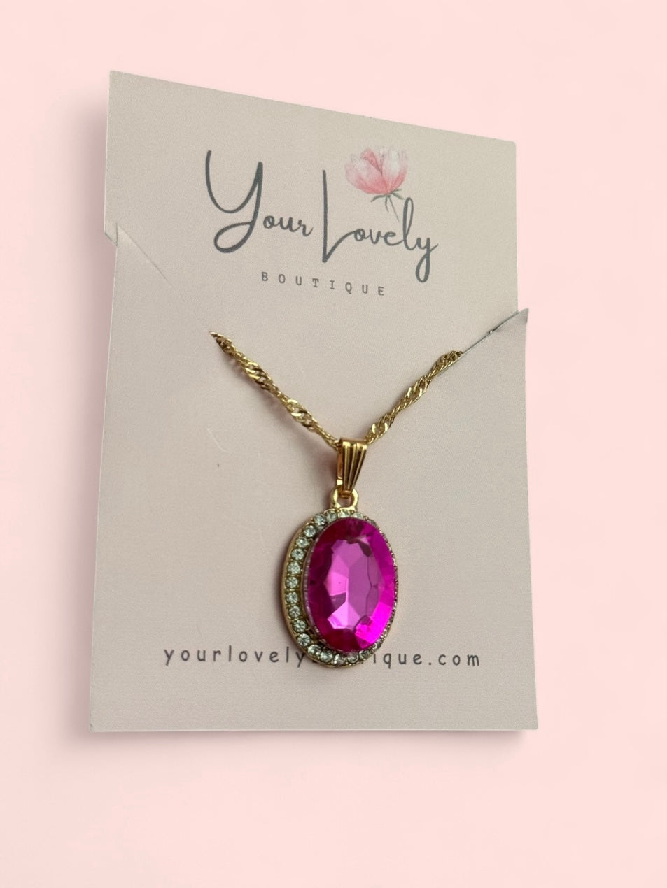 Magenta Rhinestone Pendant Gold Stainless Steel Necklace