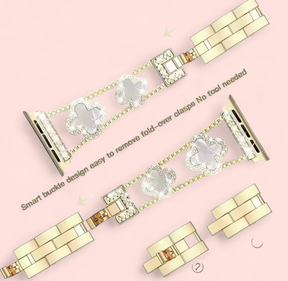 Watch Band Gold Clover Stainless Steel: Black, White, and Pink