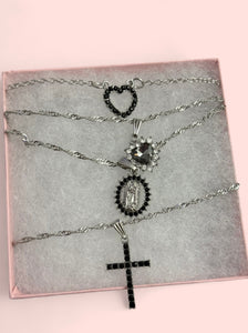 Silver Black Heart Hollow Pendant Necklace