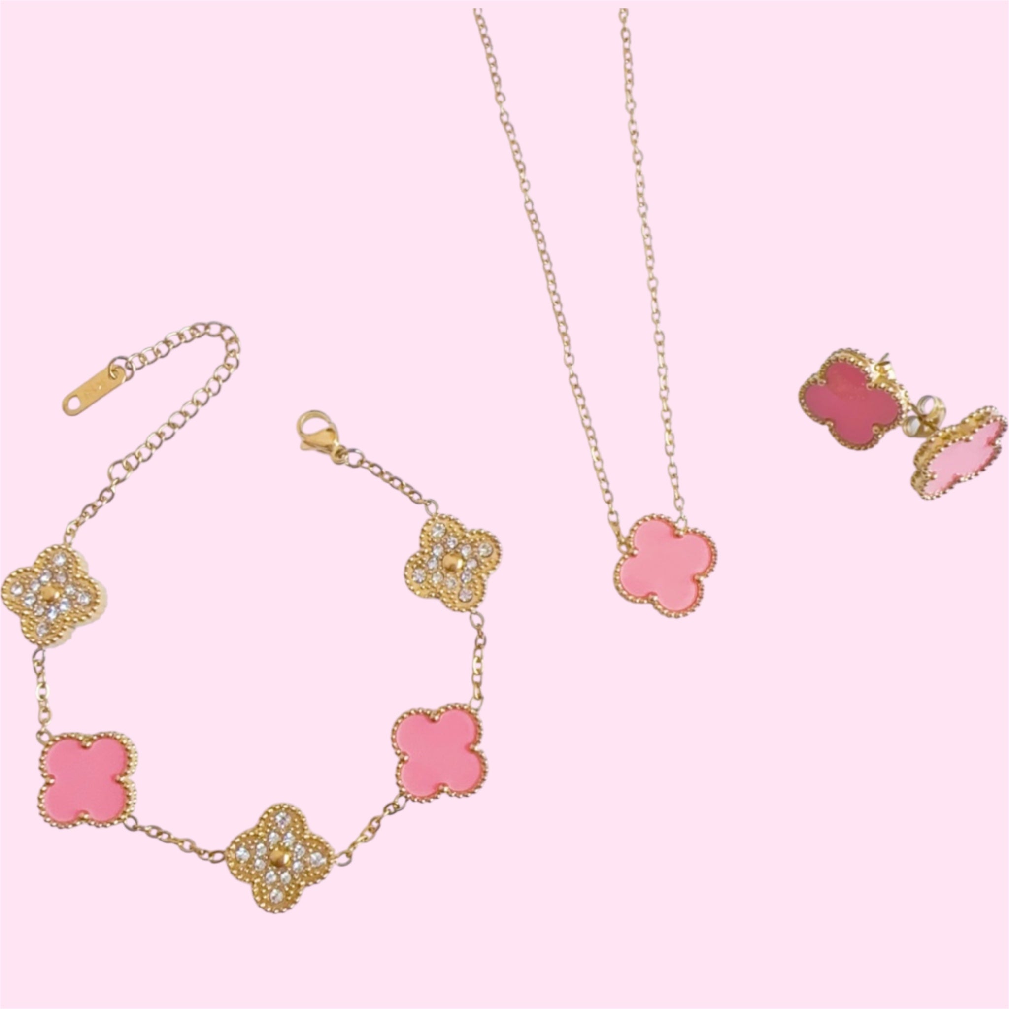 Pastel Pink & Gold Clover Stainless Steel Jewelry Set: Necklace, Earrings, Bracelet