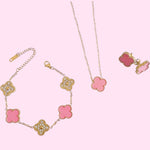 Load image into Gallery viewer, Pastel Pink &amp; Gold Clover Stainless Steel Jewelry Set: Necklace, Earrings, Bracelet
