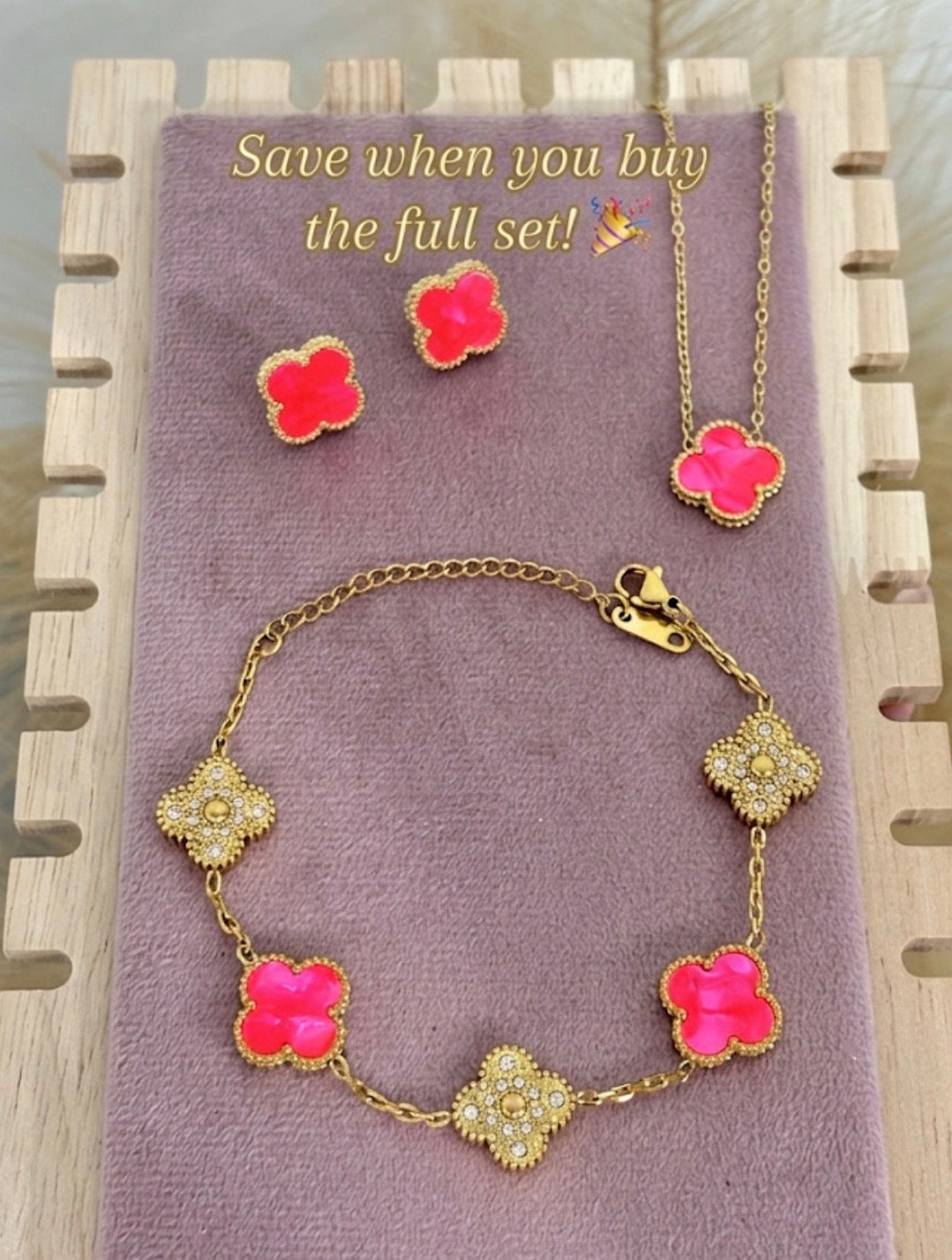 Bright Pink & Gold Clover Stainless Steel Jewelry Set: Necklace, Earrings, Bracelet