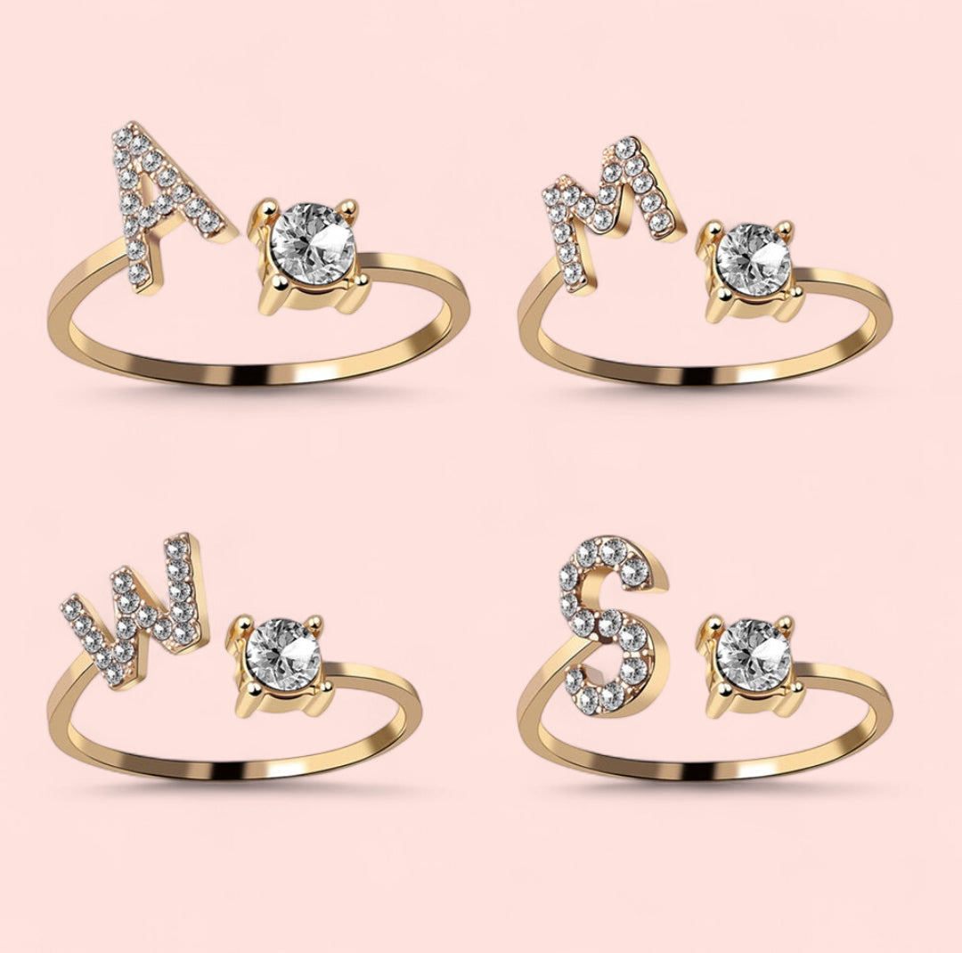 Rhinestones Letter Gold Plated Adjustable Ring