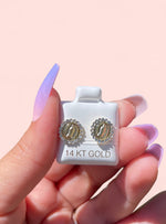 Load image into Gallery viewer, 14k Gold Virgin Mary Circle Earrings
