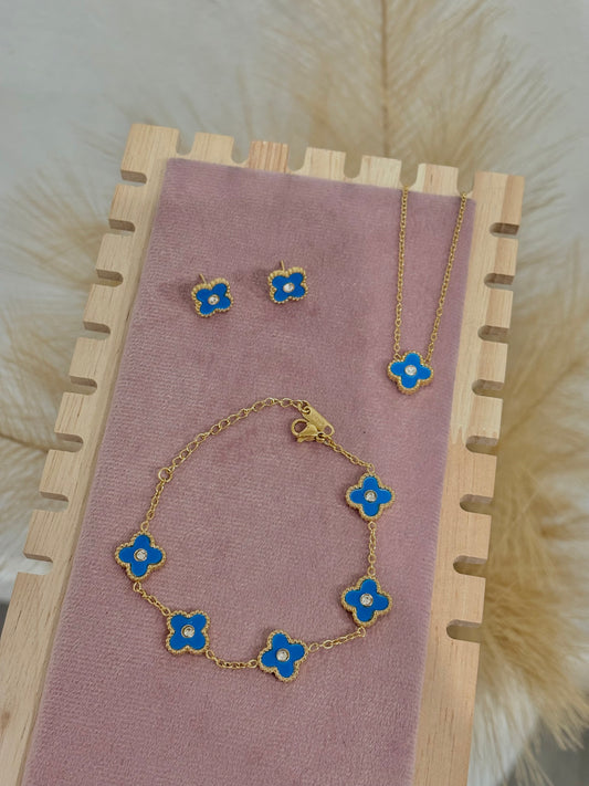 Blue Mini Clover Rhinestone Center Stainless Steel Jewelry Set: Necklace, Earrings, Bracelet