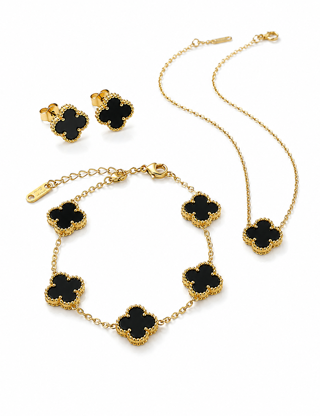 Black Clover Stainless Steel Jewelry Set: Necklace, Earrings, Bracelet