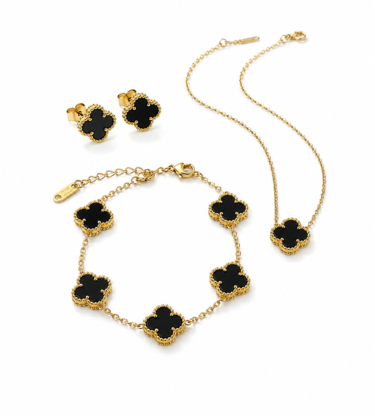Black Clover Stainless Steel Jewelry Set: Necklace, Earrings, Bracelet