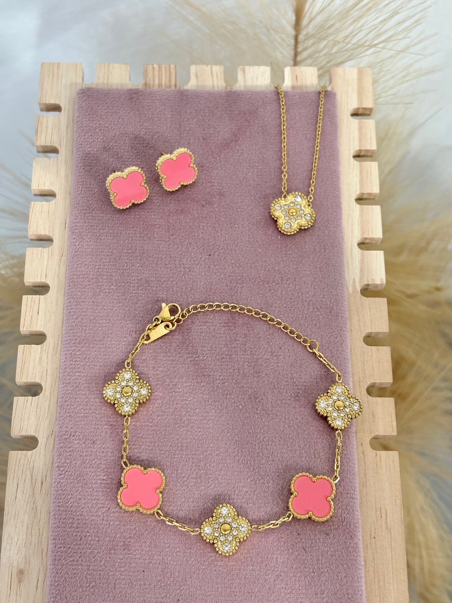 Coral Pink and Gold Clover Stainless Steel Jewelry Set: Necklace, Earrings, Bracelet