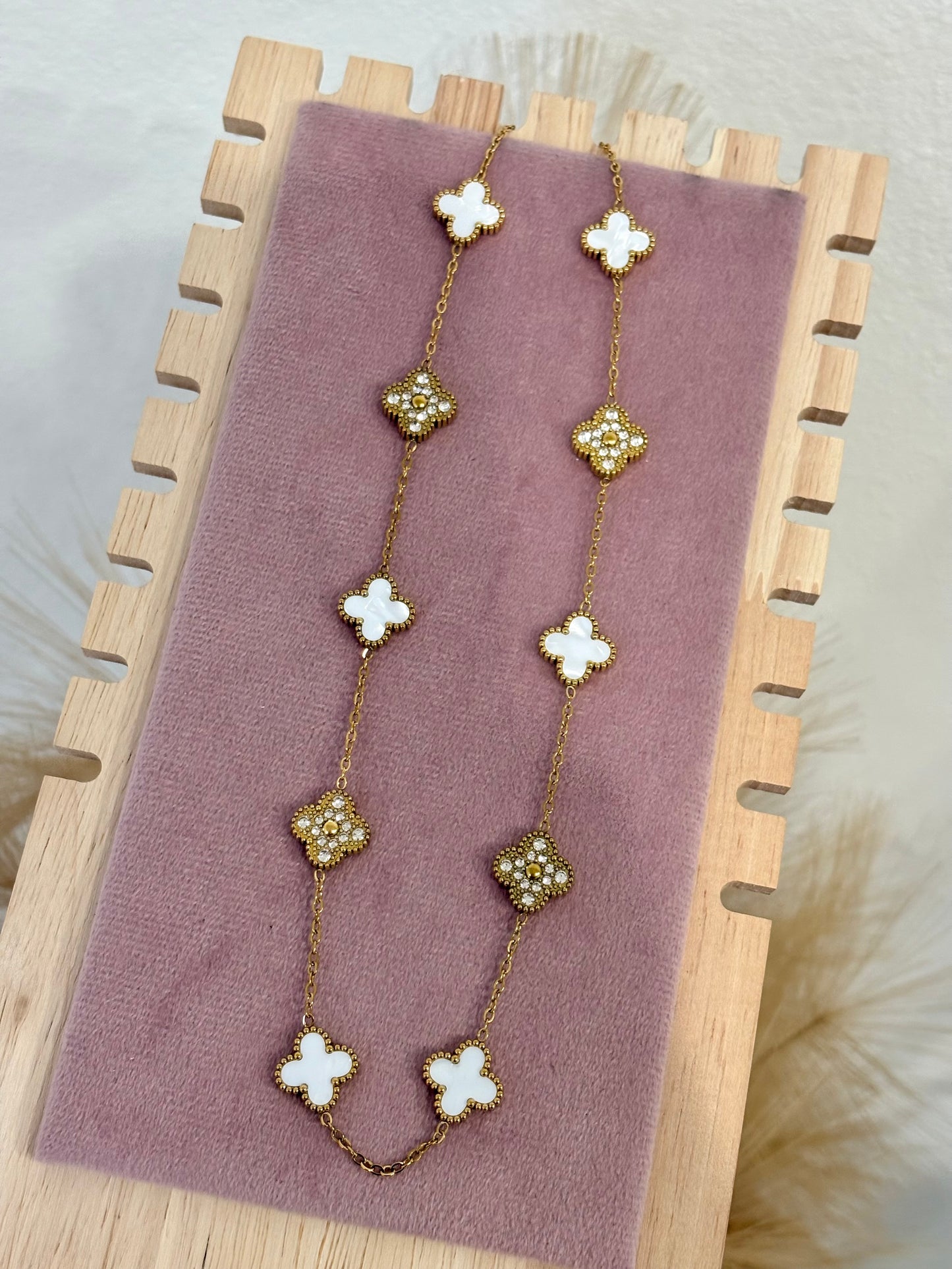 Classic White Mother of Pearl 10-Clover Long Station Necklace - Gold & Rhinestone (Stainless Steel)