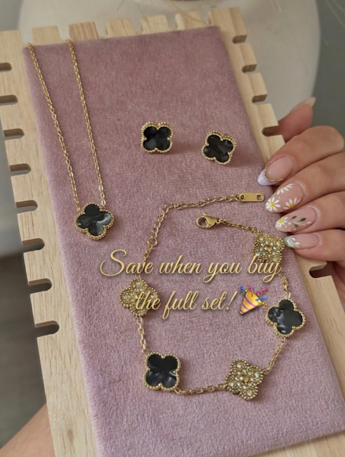 Marble Black and Gold Clover Stainless Steel Jewelry Set: Necklace, Earrings, Bracelet