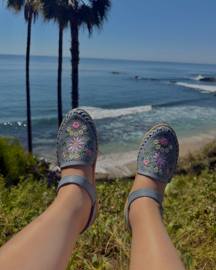 Cielo Floral Embroidered Dusty Blue Leather Huaraches