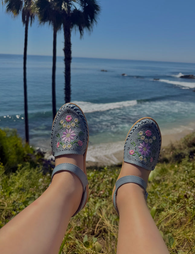 Cielo Floral Embroidered Dusty Blue Leather Huaraches