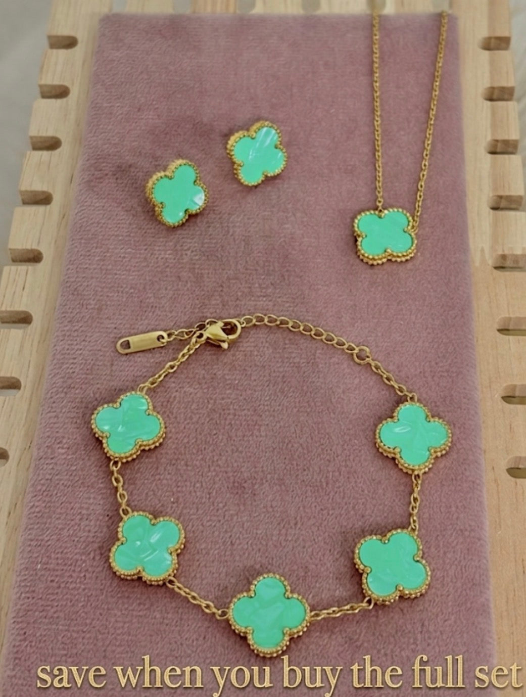 Mint Green Clover Stainless Steel Jewelry Set: Necklace, Earrings, Bracelet