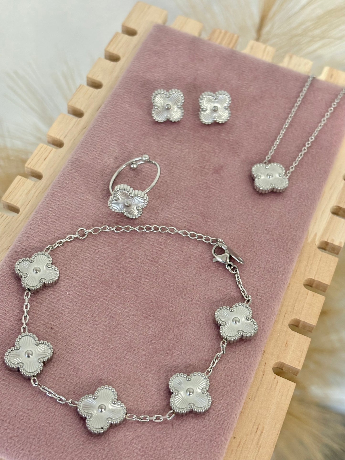 Silver Clover Stainless Steel Jewelry Set: Necklace, Earrings, Bracelet, Ring
