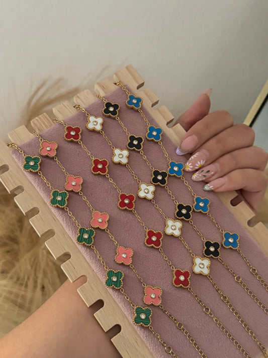 Gold Mini Clover Rhinestone Bracelet Stainless Steel (Green, Pink, Red, White, Black, Blue)