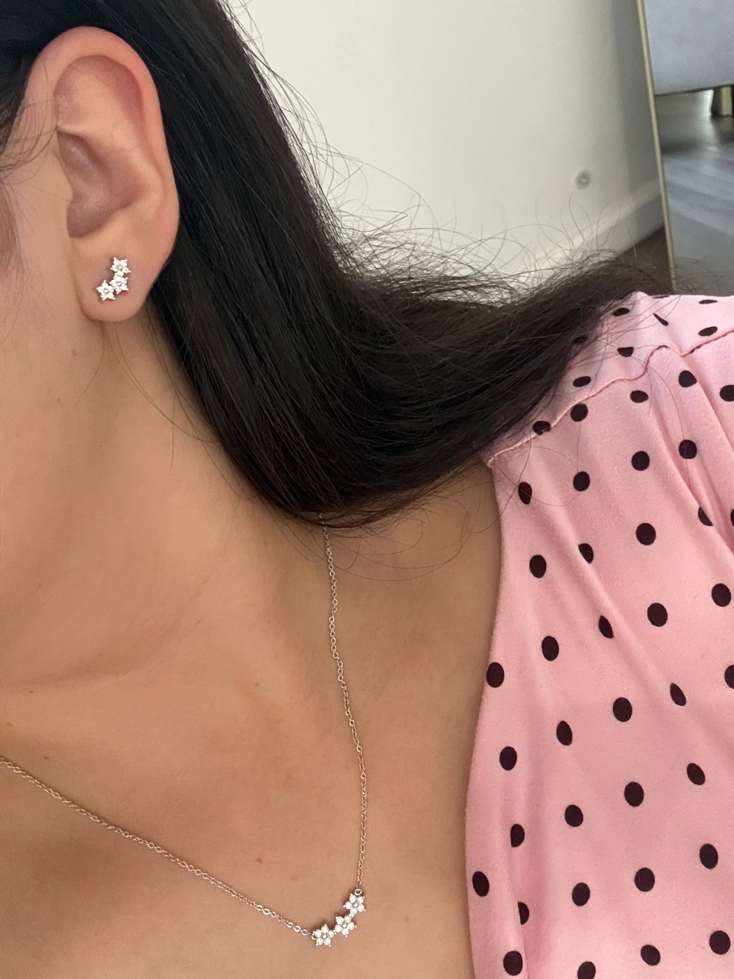 Triple Flower Moissanite Necklace and Bar Earring Set 14K Gold Filled (GRA Certified)
