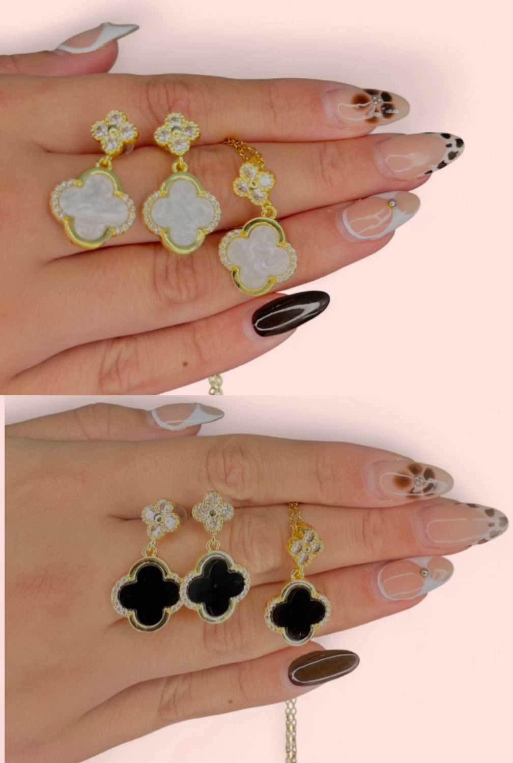 Luxe Clover Zicron Stainless Steel Necklace and Earrings Set: Black and White