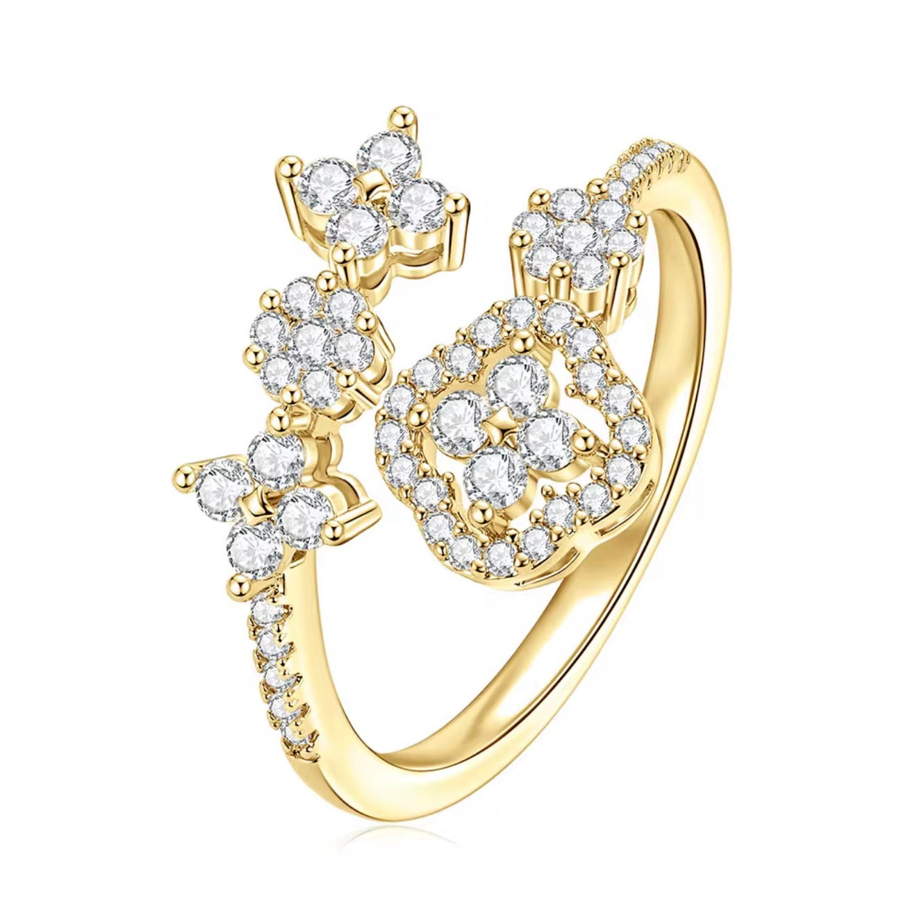 Sparkling Clover Cluster Moissanite Adjustable Ring – Gold Filled & White Gold Filled Open-Band Design