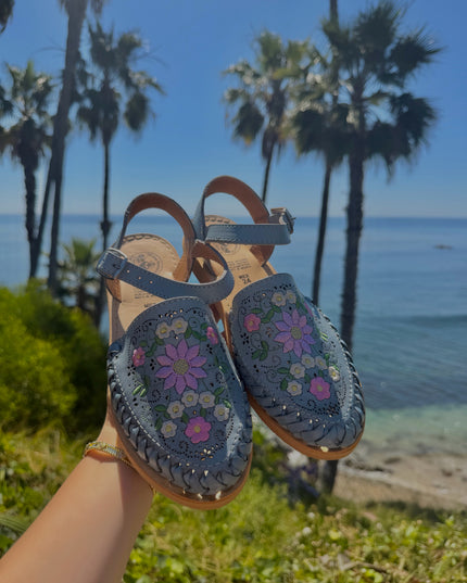 Cielo Floral Embroidered Dusty Blue Leather Huaraches