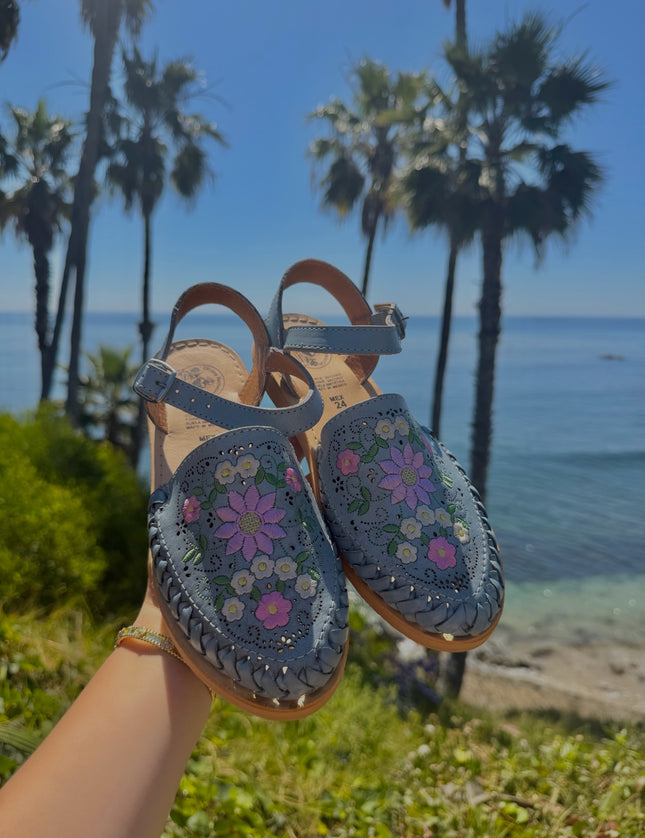 Cielo Floral Embroidered Dusty Blue Leather Huaraches