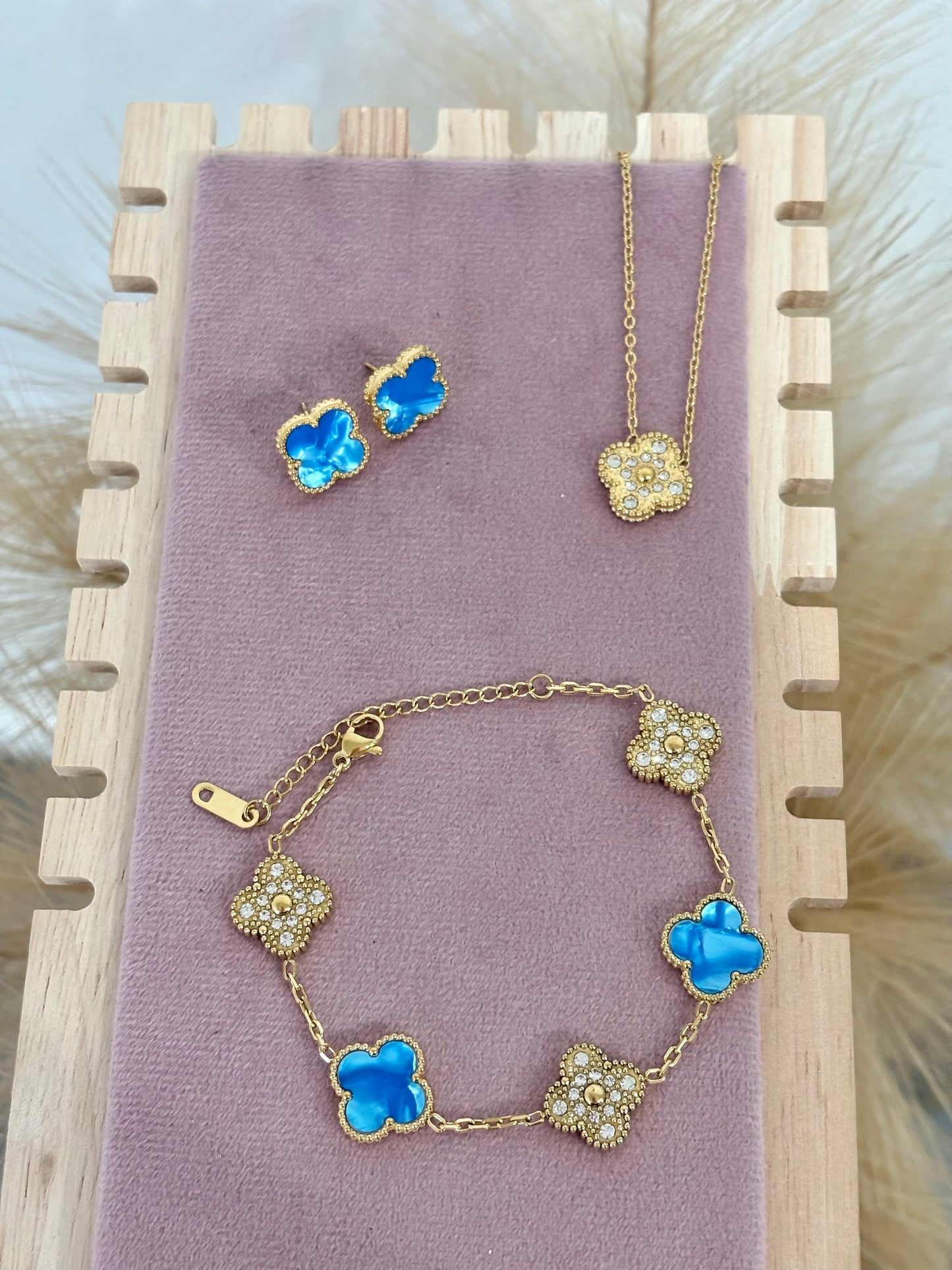 Sky Baby Blue Enamel Clover Stainless Steel Jewelry Set: Necklace, Earrings, Bracelet