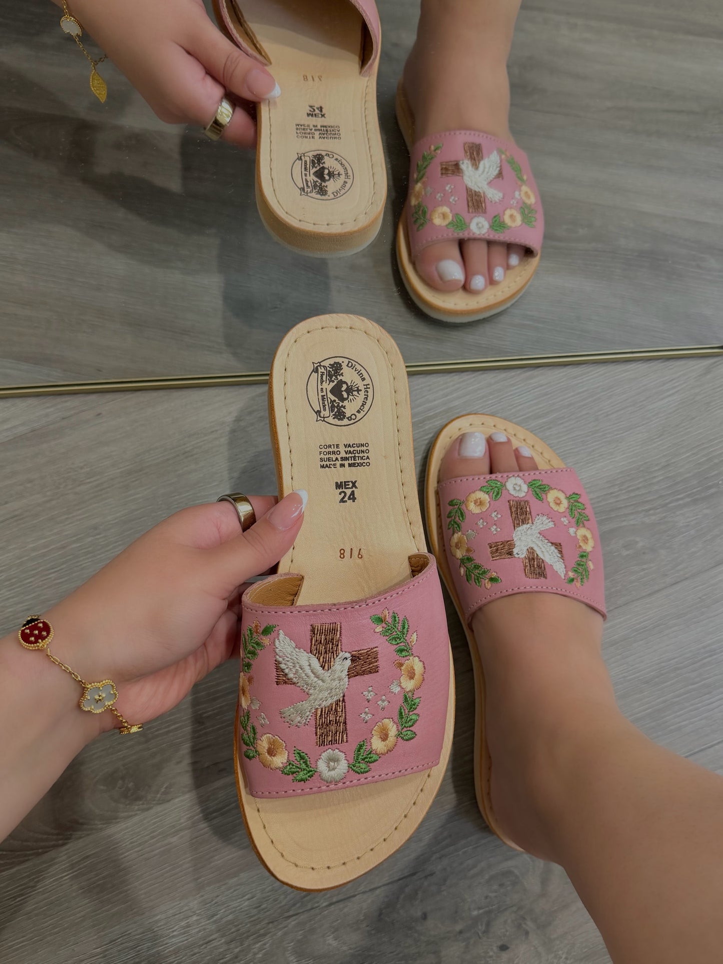White Dove & Cross Espíritu Santo Embroidered Blush Leather Huaraches