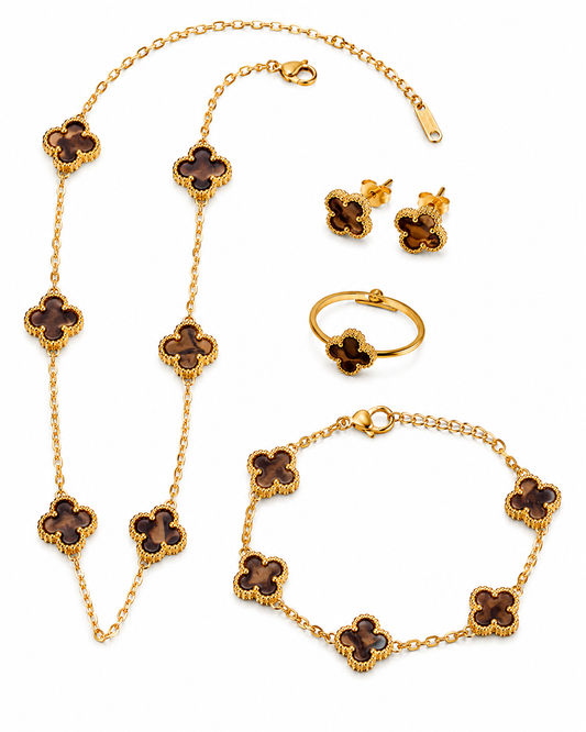 Baby Brown Enamel Clover Stainless Steel Jewelry Set: Necklace, Earrings, Bracelet, Ring