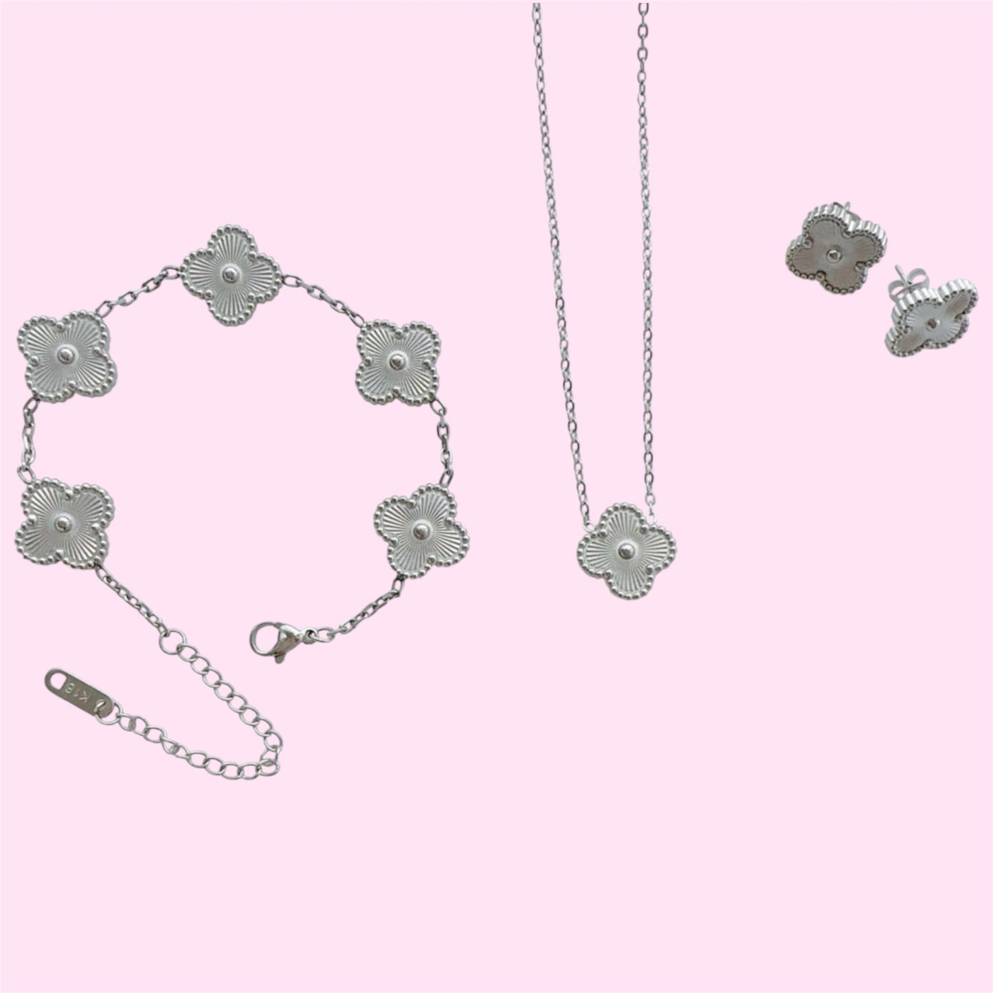 Silver Clover Stainless Steel Jewelry Set: Necklace, Earrings, Bracelet, Ring