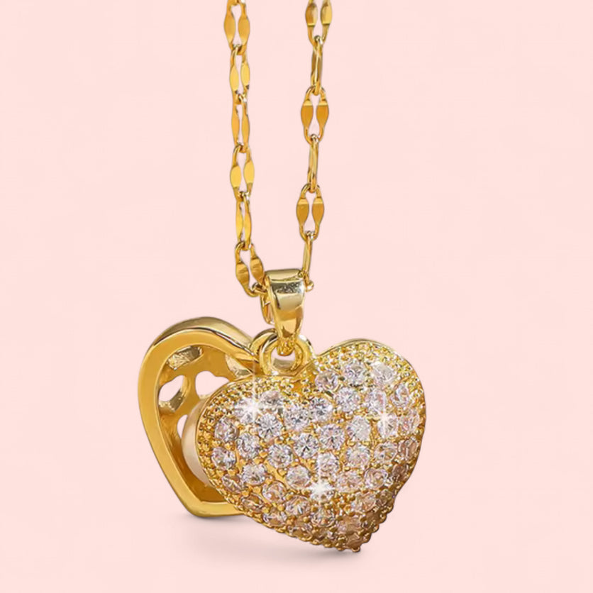 Heart Rhinestone Pearl Gold Stainless Steel Necklace