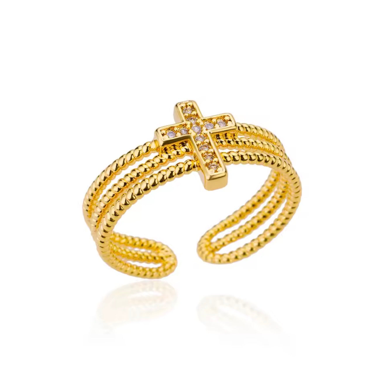 18K Gold Plated Stainless Steel Adjustable Cross Ring – Triple Band Pave CZ Statement Ring