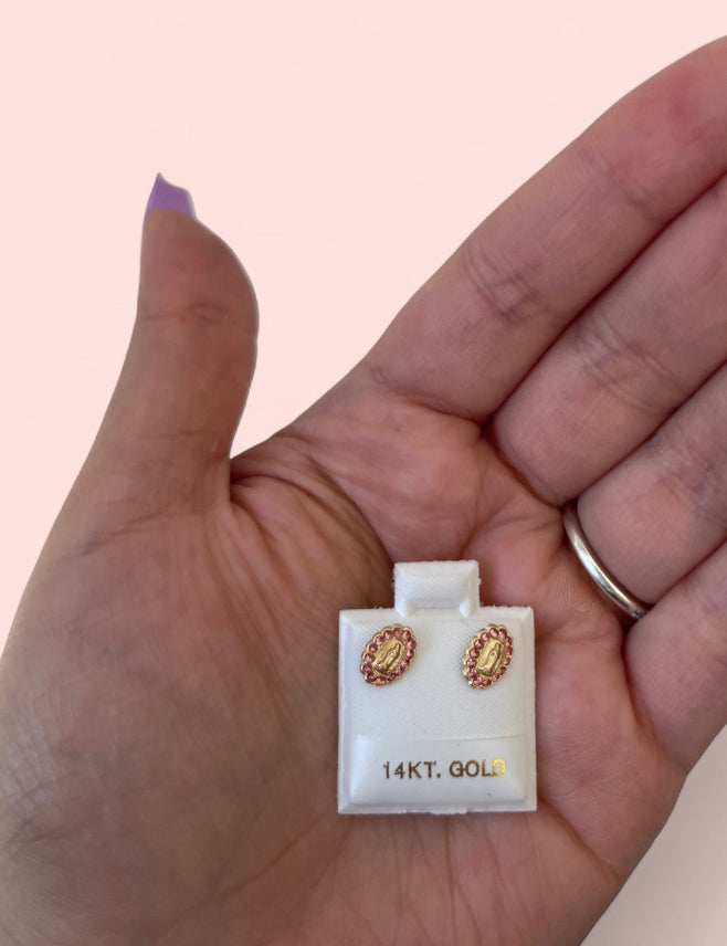 14k Gold Virgin Mary Oval Pink Earrings