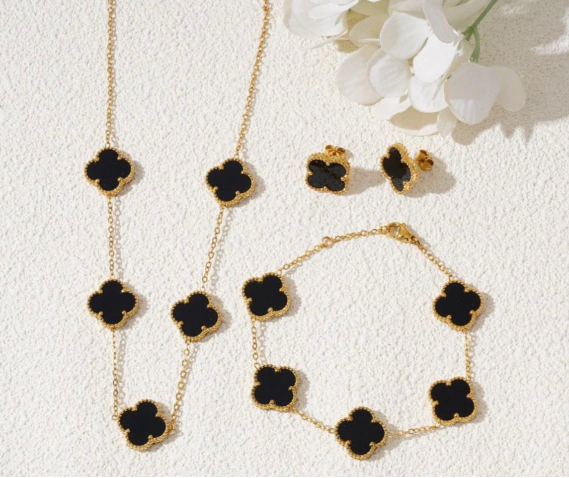 Classic Black and Gold Clover Jewelry Set: 5 Necklace, Earrings, and Bracelet