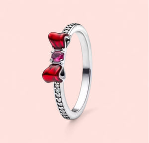 Sparkling Snow White Red Bow Sterling Silver 925 Ring