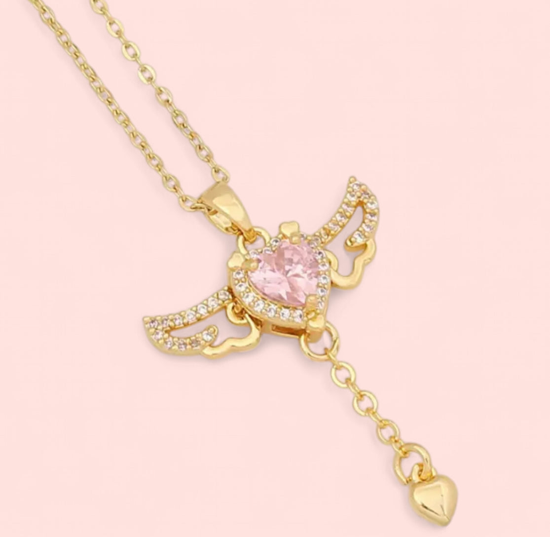 Pink Angel Wings Gold Stainless Steel Necklace