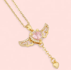 Pink Angel Wings Gold Stainless Steel Necklace