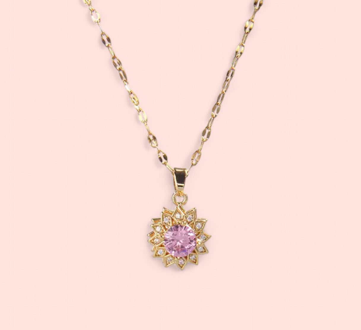 Sunflower Pink Rhinestone Gold Stainless Steel Necklace