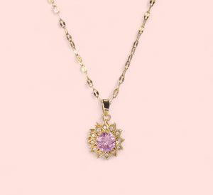 Sunflower Pink Rhinestone Gold Stainless Steel Necklace