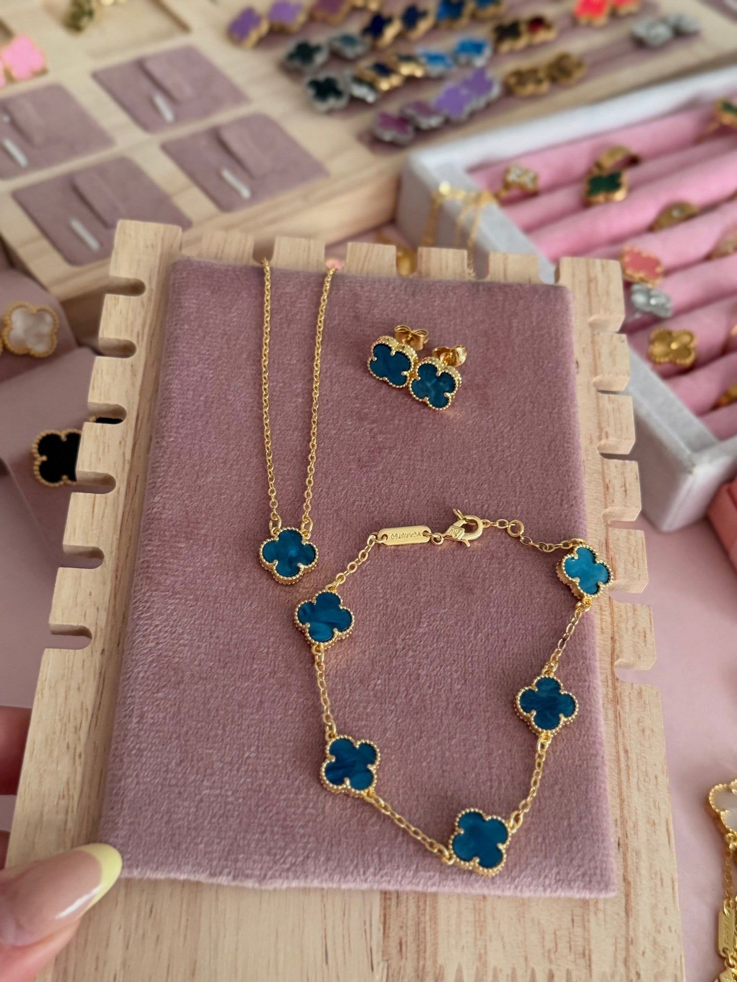 Gold Blue Mini Clover Set: Necklace, Earrings, & Bracelet with Stamps