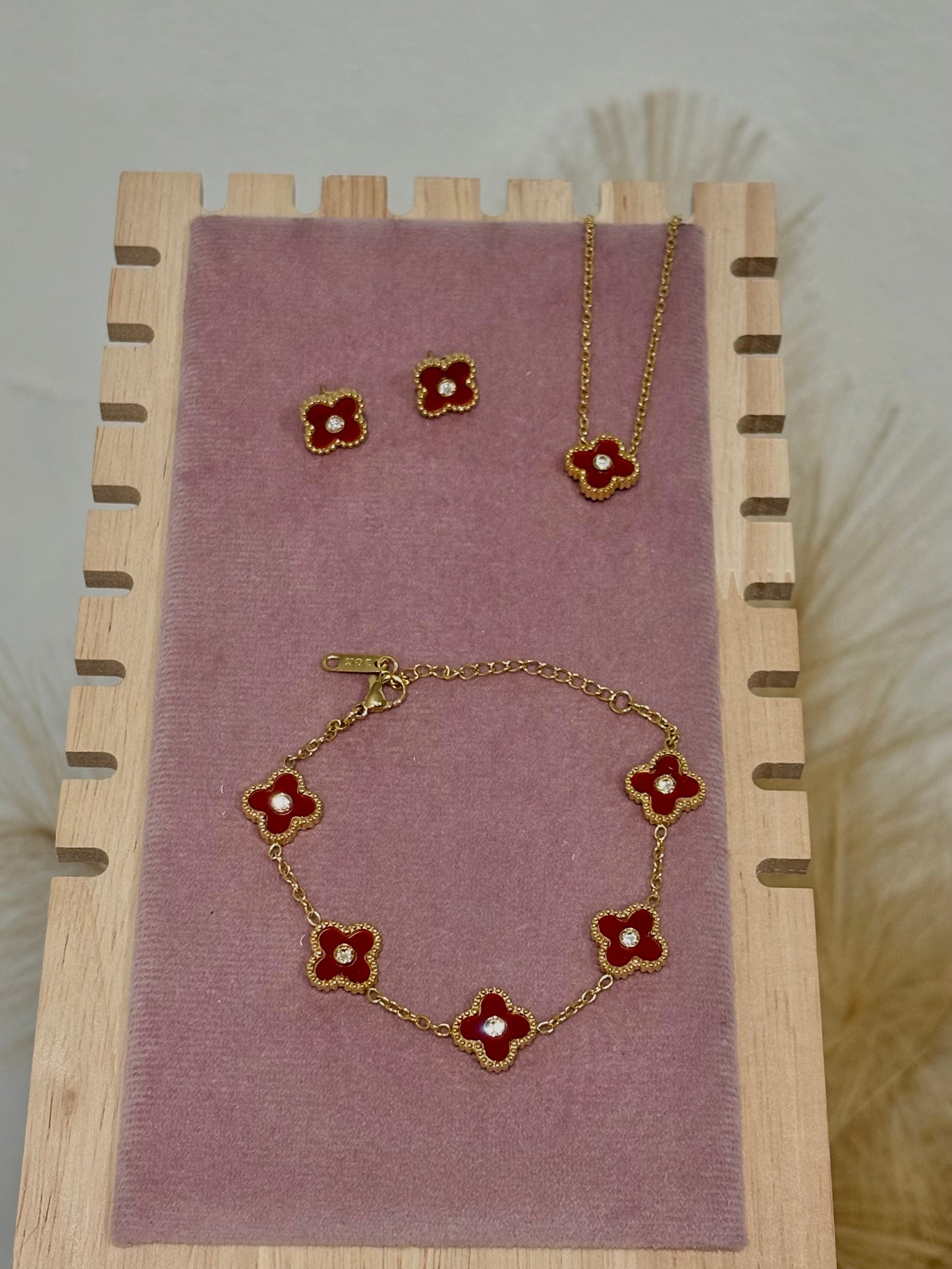 Red Mini Clover Rhinestone Center Stainless Steel Jewelry Set: Necklace, Earrings, Bracelet