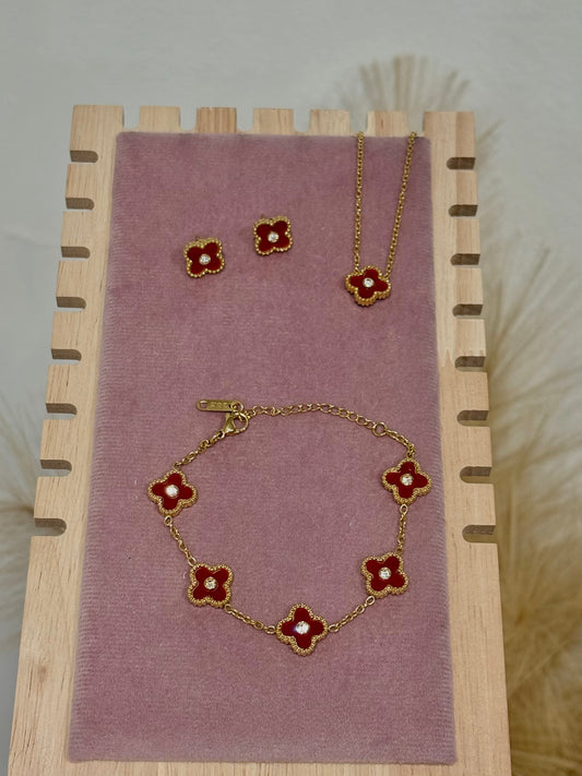 Red Mini Clover Rhinestone Center Stainless Steel Jewelry Set: Necklace, Earrings, Bracelet