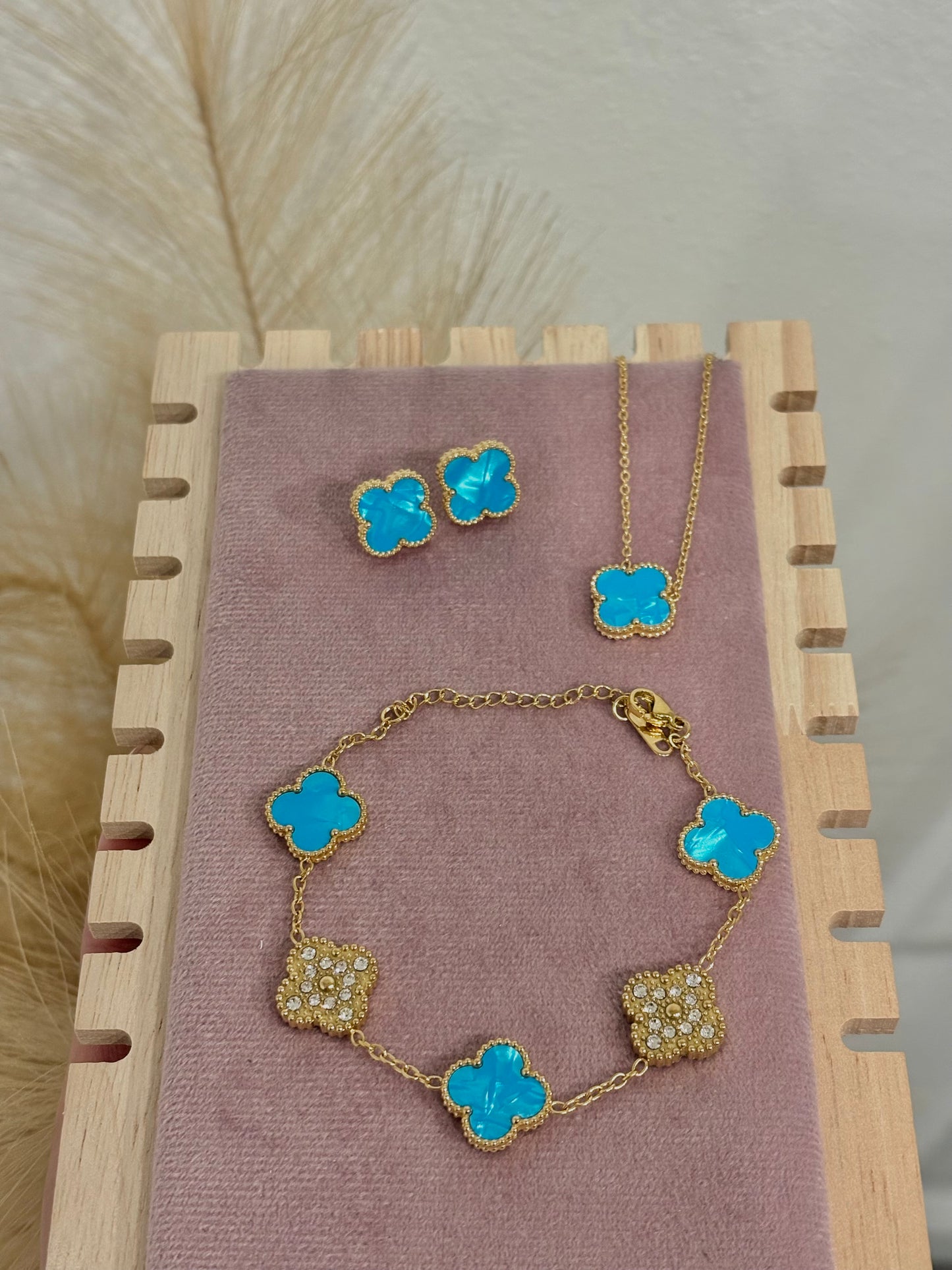 Ocean Blue Enamel & Gold Clover Stainless Steel Jewelry Set: Necklace, Earrings, Bracelet