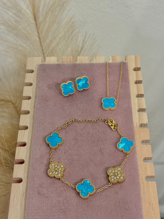 Ocean Blue Enamel & Gold Clover Stainless Steel Jewelry Set: Necklace, Earrings, Bracelet