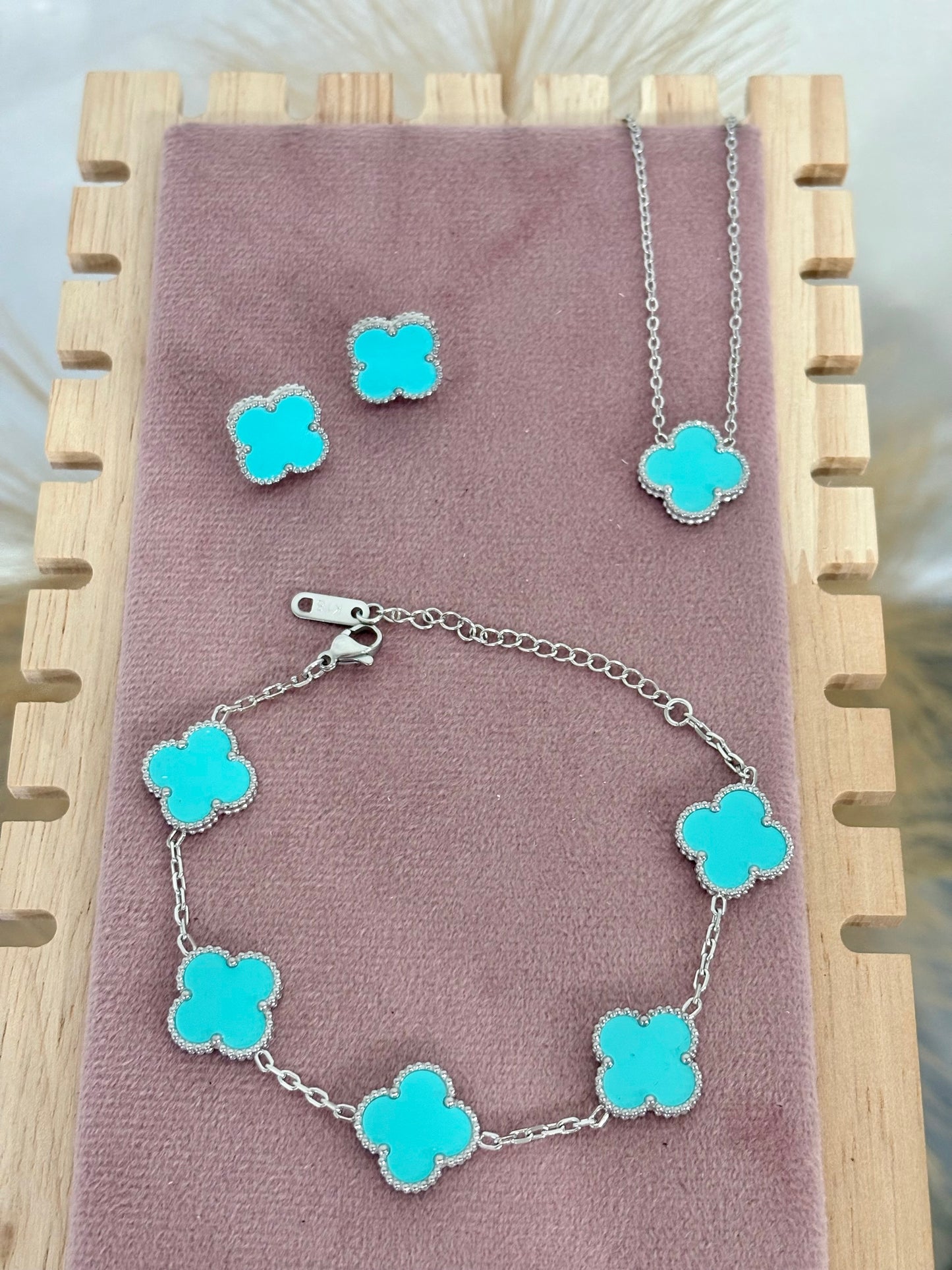 Silver Tiffany Blue Clover Stainless Steel Jewelry Set: Necklace, Earrings, Bracelet
